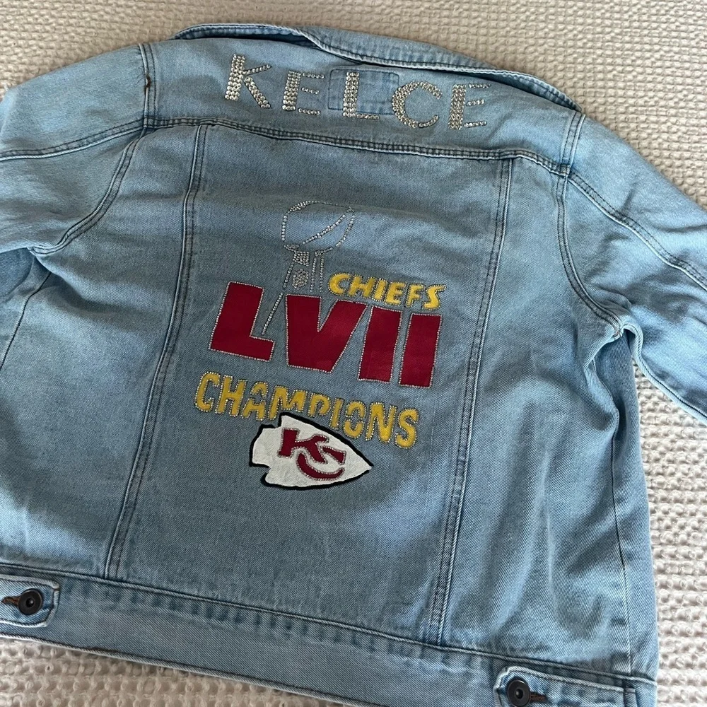 KANSAS CITY CHIEFS CUSTOM PAINTED & BEDAZZLED JEAN JACKET